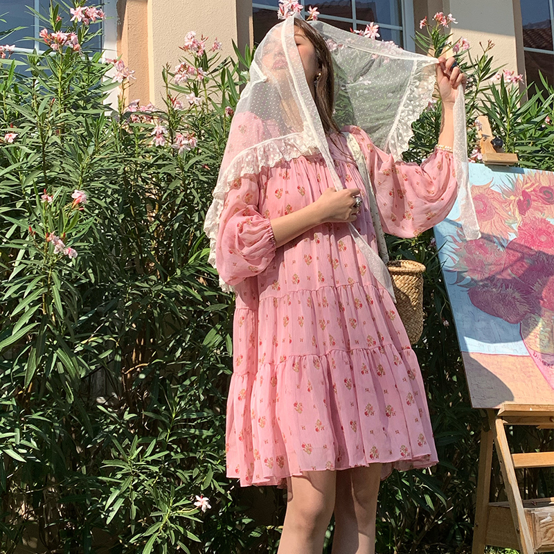 Vintage Floral Long Sleeve Dress for Women - Versailles Rose Chiffon Skirt, Spring Summer Vacation Style, Y2K Inspired Fashion Vintage Floral Long Sleeve Dress for Women - Versailles Rose Chiffon Skirt, Spring Summer Vacation Style, Y2K Inspired Fashion