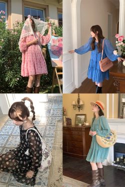 Vintage Floral Long Sleeve Dress for Women - Versailles Rose Chiffon Skirt, Spring Summer Vacation Style, Y2K Inspired Fashion