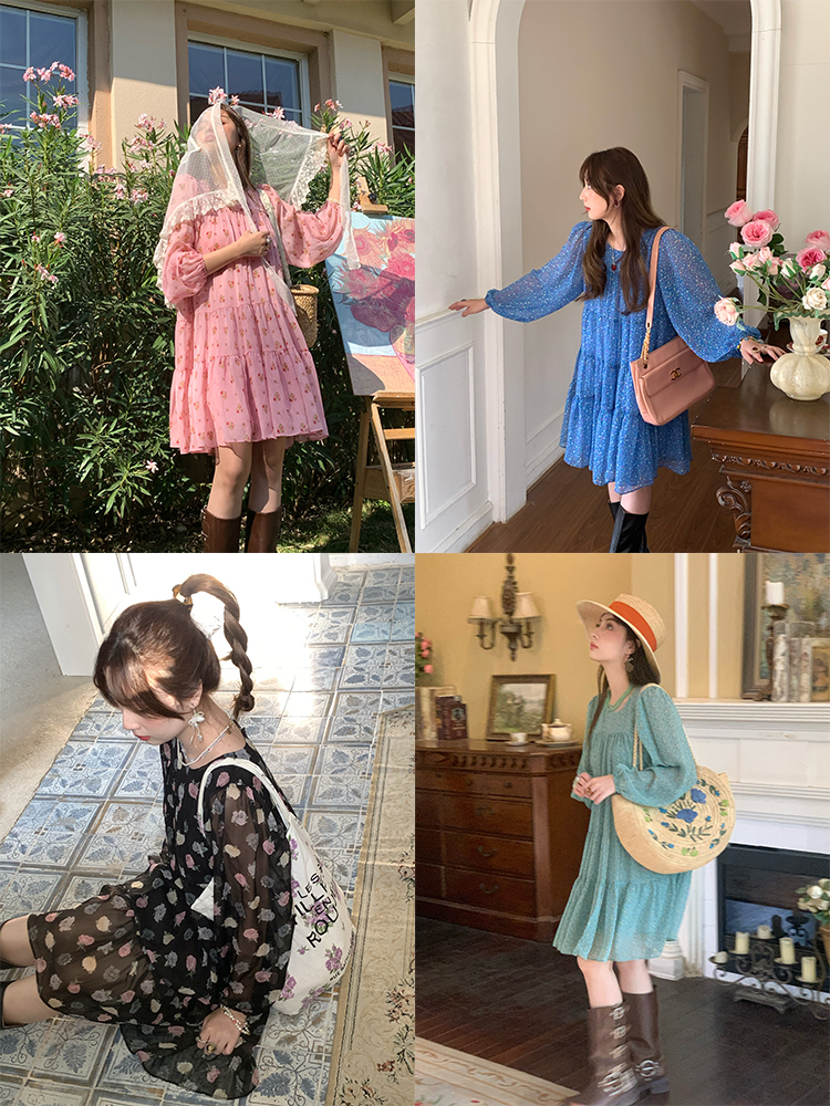 Vintage Floral Long Sleeve Dress for Women - Versailles Rose Chiffon Skirt, Spring Summer Vacation Style, Y2K Inspired Fashion Vintage Floral Long Sleeve Dress for Women - Versailles Rose Chiffon Skirt, Spring Summer Vacation Style, Y2K Inspired Fashion