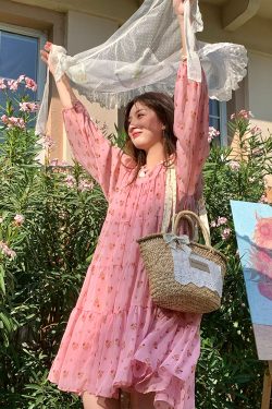 Vintage Floral Long Sleeve Dress for Women - Versailles Rose Chiffon Skirt, Spring Summer Vacation Style, Y2K Inspired Fashion