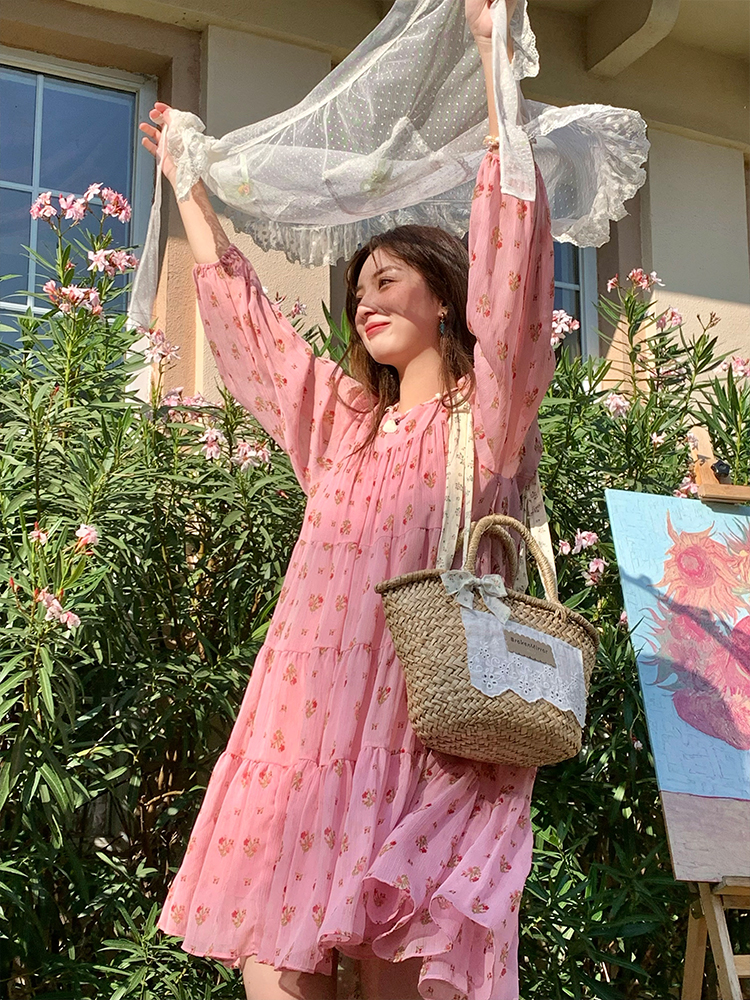 Vintage Floral Long Sleeve Dress for Women - Versailles Rose Chiffon Skirt, Spring Summer Vacation Style, Y2K Inspired Fashion Vintage Floral Long Sleeve Dress for Women - Versailles Rose Chiffon Skirt, Spring Summer Vacation Style, Y2K Inspired Fashion