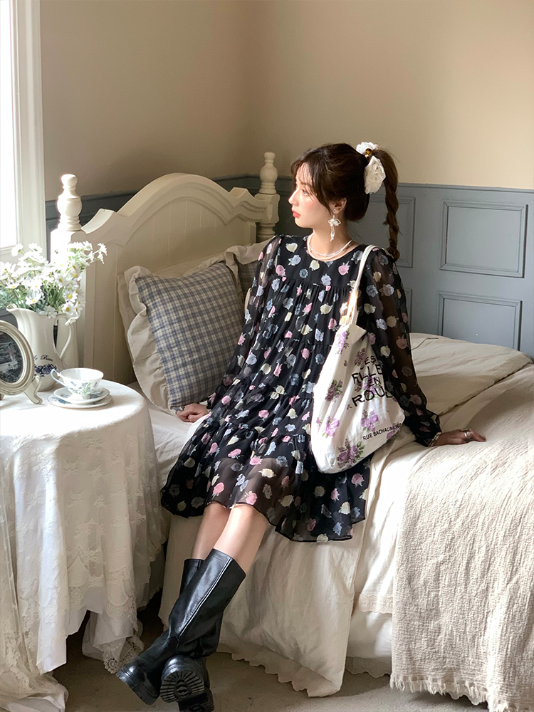 Vintage Floral Long Sleeve Dress for Women - Versailles Rose Chiffon Skirt, Spring Summer Vacation Style, Y2K Inspired Fashion Vintage Floral Long Sleeve Dress for Women - Versailles Rose Chiffon Skirt, Spring Summer Vacation Style, Y2K Inspired Fashion