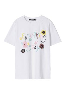 Vintage Floral Print Women's Shoulder T-Shirt, Slightly Loose Fit, Slimming Short Sleeves, Trendy Y2K Style Top for Women