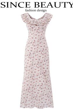 Vintage Floral Ruffle Tea Dress for Women - 2025 Summer Vacation Style, French Design, Perfect for 90s and Y2K Fashion Lovers