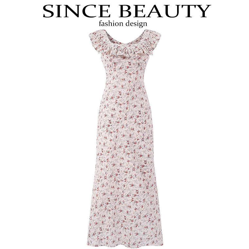 Vintage Floral Ruffle Tea Dress for Women - 2025 Summer Vacation Style, French Design, Perfect for 90s and Y2K Fashion Lovers Vintage Floral Ruffle Tea Dress for Women - 2025 Summer Vacation Style, French Design, Perfect for 90s and Y2K Fashion Lovers