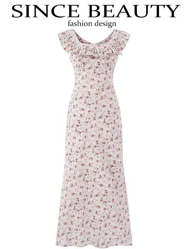 Vintage Floral Ruffle Tea Dress for Women - 2025 Summer Vacation Style, French Design, Perfect for 90s and Y2K Fashion Lovers Vintage Floral Ruffle Tea Dress for Women - 2025 Summer Vacation Style, French Design, Perfect for 90s and Y2K Fashion Lovers