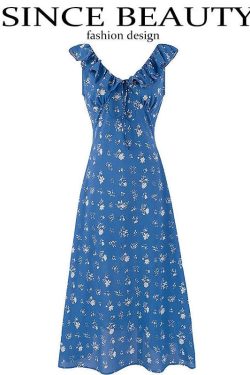 Vintage Floral Ruffle Tie V-Neck Long Dress - Slim Fit Summer Vacation Style 2025 Women's Fashion