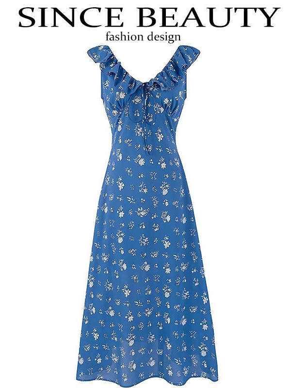 Vintage Floral Ruffle Tie V-Neck Long Dress - Slim Fit Summer Vacation Style 2025 Women's Fashion Vintage Floral Ruffle Tie V-Neck Long Dress - Slim Fit Summer Vacation Style 2025 Women's Fashion