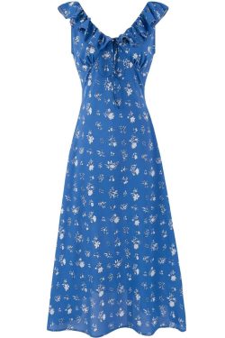 Vintage Floral Ruffle Tie V-Neck Long Dress - Slim Fit Summer Vacation Style 2025 Women's Fashion