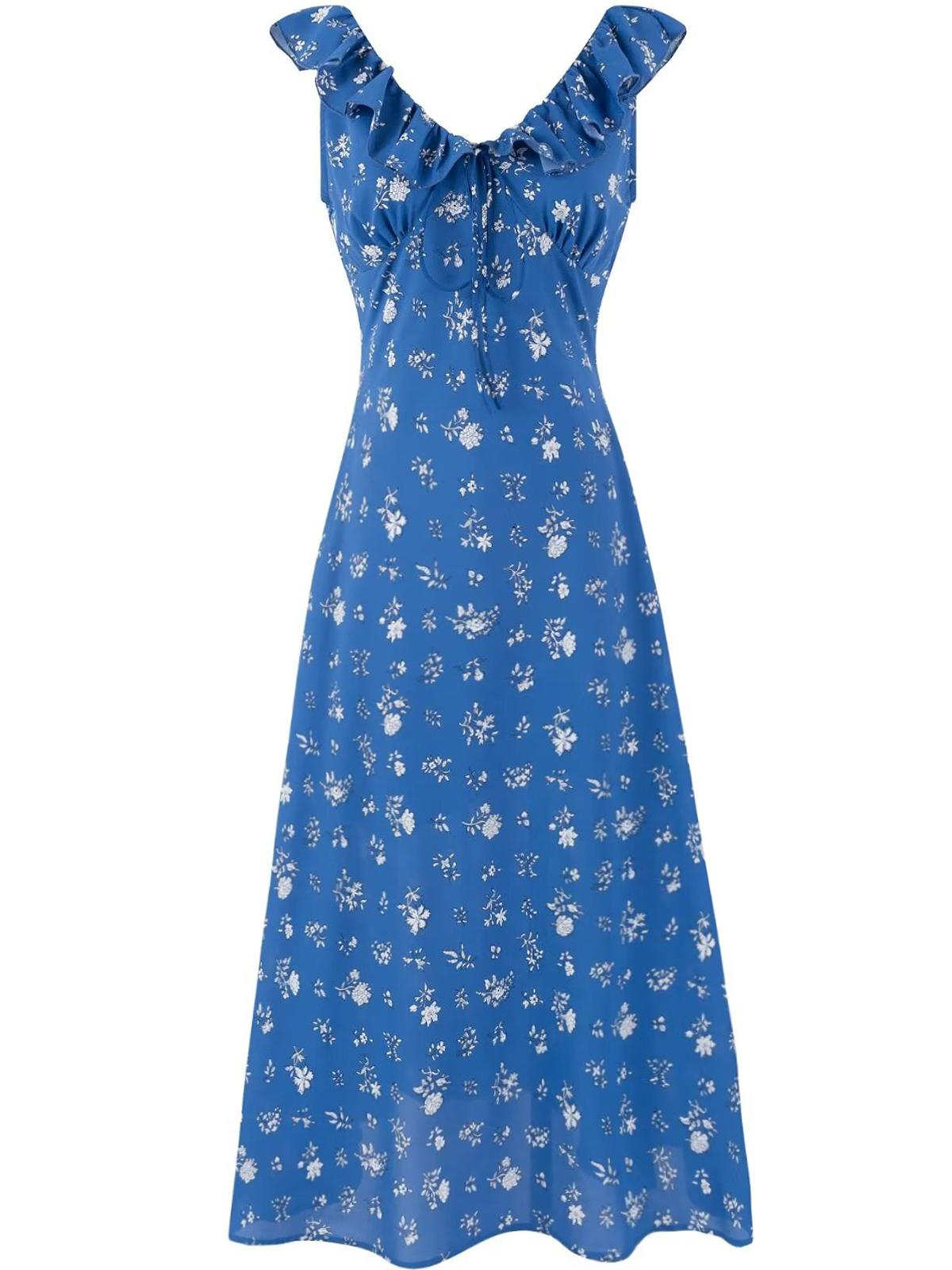 Vintage Floral Ruffle Tie V-Neck Long Dress - Slim Fit Summer Vacation Style 2025 Women's Fashion Vintage Floral Ruffle Tie V-Neck Long Dress - Slim Fit Summer Vacation Style 2025 Women's Fashion