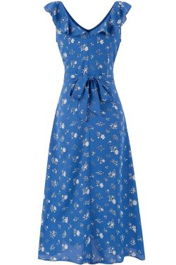 Vintage Floral Ruffle Tie V-Neck Long Dress - Slim Fit Summer Vacation Style 2025 Women's Fashion
