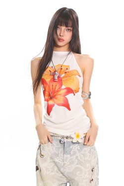 Vintage Floral Tie-Back Sleeveless Tank Top for Women - 90s Inspired Pure Desire Design