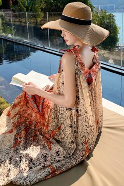Vintage Floral Tie Dress - Loose Fit Women's Long Skirt for Thai Travel, Exotic Beach Vacation Style, Yunnan Inspired Fashion