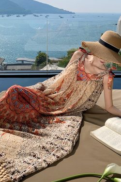 Vintage Floral Tie Dress - Loose Fit Women's Long Skirt for Thai Travel, Exotic Beach Vacation Style, Yunnan Inspired Fashion