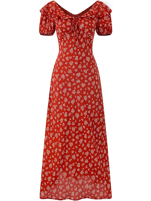 Vintage Floral Waist-Tied V-Neck Puff Sleeve Dress for Women - Long Skirt, 90s Inspired, French Style Vintage Floral Waist-Tied V-Neck Puff Sleeve Dress for Women - Long Skirt, 90s Inspired, French Style