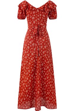 Vintage Floral Waist-Tied V-Neck Puff Sleeve Dress for Women - Long Skirt, 90s Inspired, French Style