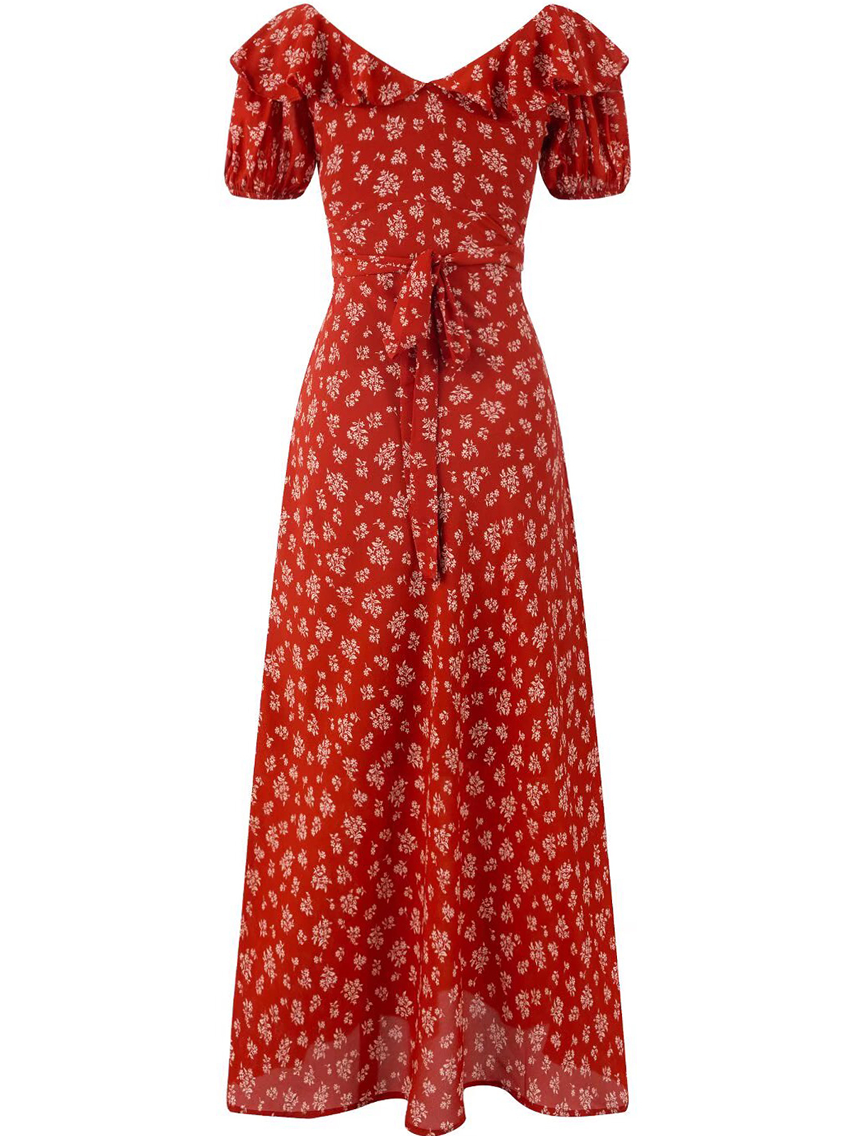 Vintage Floral Waist-Tied V-Neck Puff Sleeve Dress for Women - Long Skirt, 90s Inspired, French Style Vintage Floral Waist-Tied V-Neck Puff Sleeve Dress for Women - Long Skirt, 90s Inspired, French Style