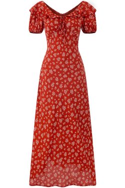 Vintage Floral Waist-Tied V-Neck Puff Sleeve Dress for Women - Long Skirt, 90s Inspired, French Style