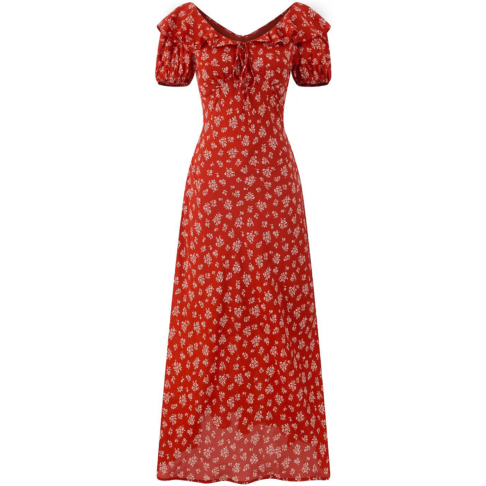 Vintage Floral Waist-Tied V-Neck Puff Sleeve Dress for Women - Long Skirt, 90s Inspired, French Style Vintage Floral Waist-Tied V-Neck Puff Sleeve Dress for Women - Long Skirt, 90s Inspired, French Style