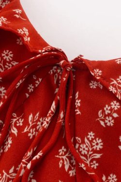 Vintage Floral Waist-Tied V-Neck Puff Sleeve Dress for Women - Long Skirt, 90s Inspired, French Style