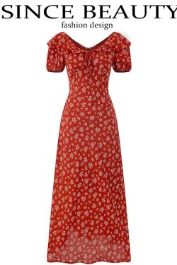 Vintage Floral Waist-Tied V-Neck Puff Sleeve Dress for Women - Long Skirt, 90s Inspired, French Style