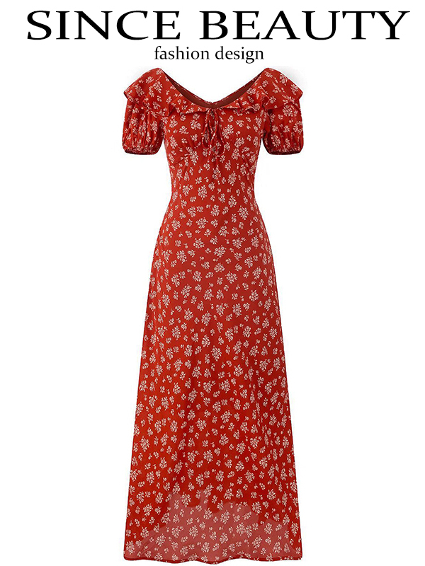 Vintage Floral Waist-Tied V-Neck Puff Sleeve Dress for Women - Long Skirt, 90s Inspired, French Style Vintage Floral Waist-Tied V-Neck Puff Sleeve Dress for Women - Long Skirt, 90s Inspired, French Style