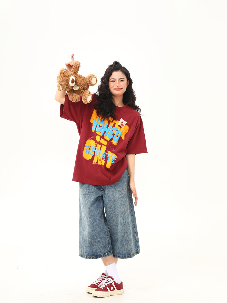 Vintage Foam Printed Red Short Sleeve T-Shirt for Women - Summer Loose Fit Trendy Top, Retro A-Zi Style Vintage Foam Printed Red Short Sleeve T-Shirt for Women - Summer Loose Fit Trendy Top, Retro A-Zi Style