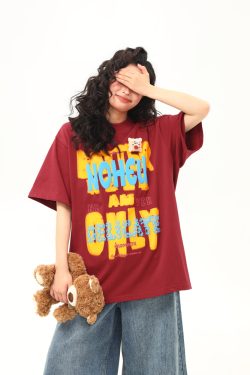 Vintage Foam Printed Red Short Sleeve T-Shirt for Women - Summer Loose Fit Trendy Top, Retro A-Zi Style