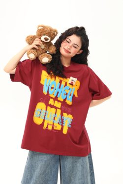 Vintage Foam Printed Red Short Sleeve T-Shirt for Women - Summer Loose Fit Trendy Top, Retro A-Zi Style