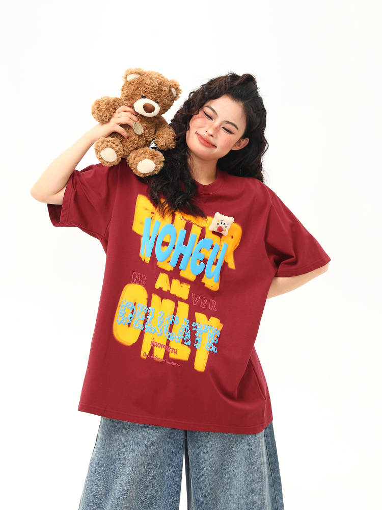 Vintage Foam Printed Red Short Sleeve T-Shirt for Women - Summer Loose Fit Trendy Top, Retro A-Zi Style Vintage Foam Printed Red Short Sleeve T-Shirt for Women - Summer Loose Fit Trendy Top, Retro A-Zi Style