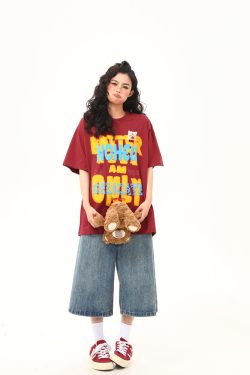 Vintage Foam Printed Red Short Sleeve T-Shirt for Women - Summer Loose Fit Trendy Top, Retro A-Zi Style