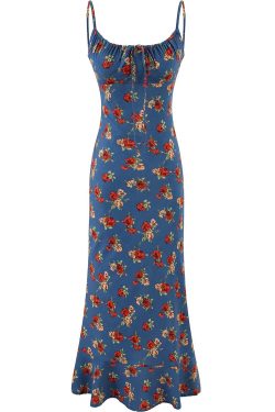 Vintage French Blue Printed Cami Dress for Women - 2025 Summer Resort Long Dress - Boho Style, Casual, Elegant Fashion