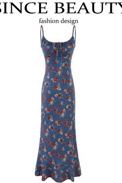 Vintage French Blue Printed Cami Dress for Women - 2025 Summer Resort Long Dress - Boho Style, Casual, Elegant Fashion