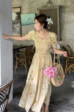Vintage French Floral Square Neck Big Hem Dress for Women - Summer Loose Princess Sleeve Long Dress - 90s Y2K Style