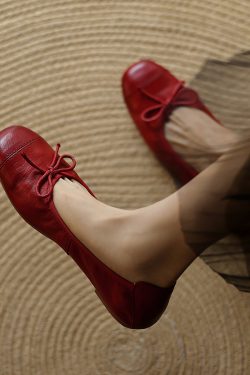 Vintage French Genuine Leather Bow Flat Ballet Shoes for Women - Soft Comfort Grandma Style for Spring and Summer