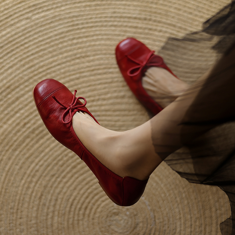 Vintage French Genuine Leather Bow Flat Ballet Shoes for Women - Soft Comfort Grandma Style for Spring and Summer Vintage French Genuine Leather Bow Flat Ballet Shoes for Women - Soft Comfort Grandma Style for Spring and Summer