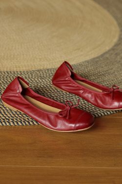 Vintage French Genuine Leather Bow Flat Ballet Shoes for Women - Soft Comfort Grandma Style for Spring and Summer