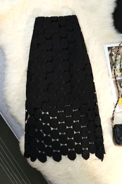 Vintage French Hollow-Out Tassel Midi Skirt with 3D Lace Polka Dots – Elegant Boho Style for Effortless Chic Looks