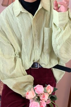 Vintage French Hollowed Long Sleeve Shirt - Handmade Autumn Loose Fit Top with Trendy Niche Design