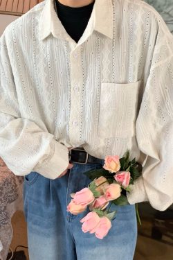 Vintage French Hollowed Long Sleeve Shirt - Handmade Autumn Loose Fit Top with Trendy Niche Design