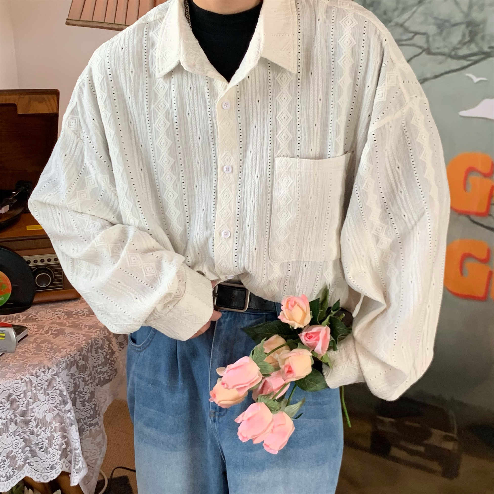 Vintage French Hollowed Long Sleeve Shirt - Handmade Autumn Loose Fit Top with Trendy Niche Design Vintage French Hollowed Long Sleeve Shirt - Handmade Autumn Loose Fit Top with Trendy Niche Design