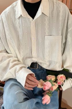 Vintage French Hollowed Long Sleeve Shirt - Handmade Autumn Loose Fit Top with Trendy Niche Design