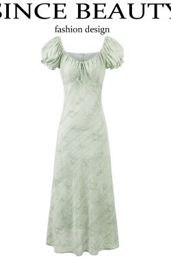 Vintage French Jacquard Square Neck Asymmetrical Long Dress for Women - Elegant Summer Fashion 2025