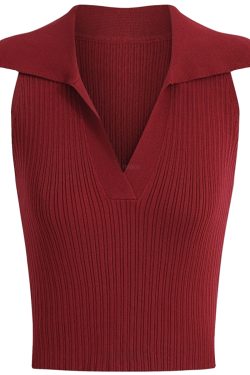 Vintage French Knitted V-Neck Red Sleeveless Halter Top - 2025 Early Spring Korean Style Women's Fashion