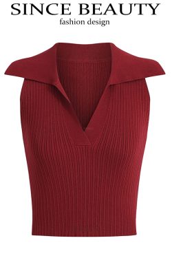 Vintage French Knitted V-Neck Red Sleeveless Halter Top - 2025 Early Spring Korean Style Women's Fashion