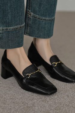 Vintage French Metal Buckle Loafers for Women - Versatile Square-Toe Chunky Heel Shoes