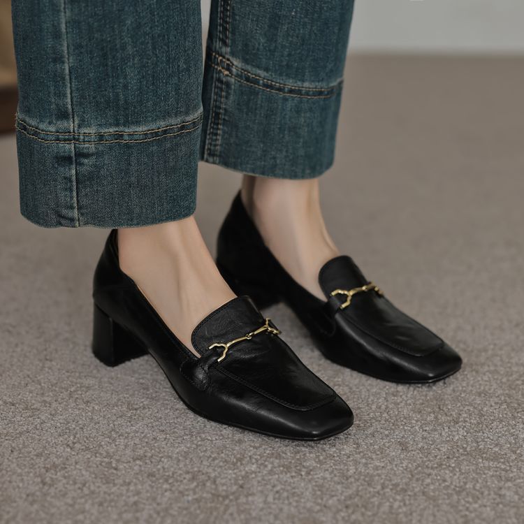 Vintage French Metal Buckle Loafers for Women - Versatile Square-Toe Chunky Heel Shoes Vintage French Metal Buckle Loafers for Women - Versatile Square-Toe Chunky Heel Shoes