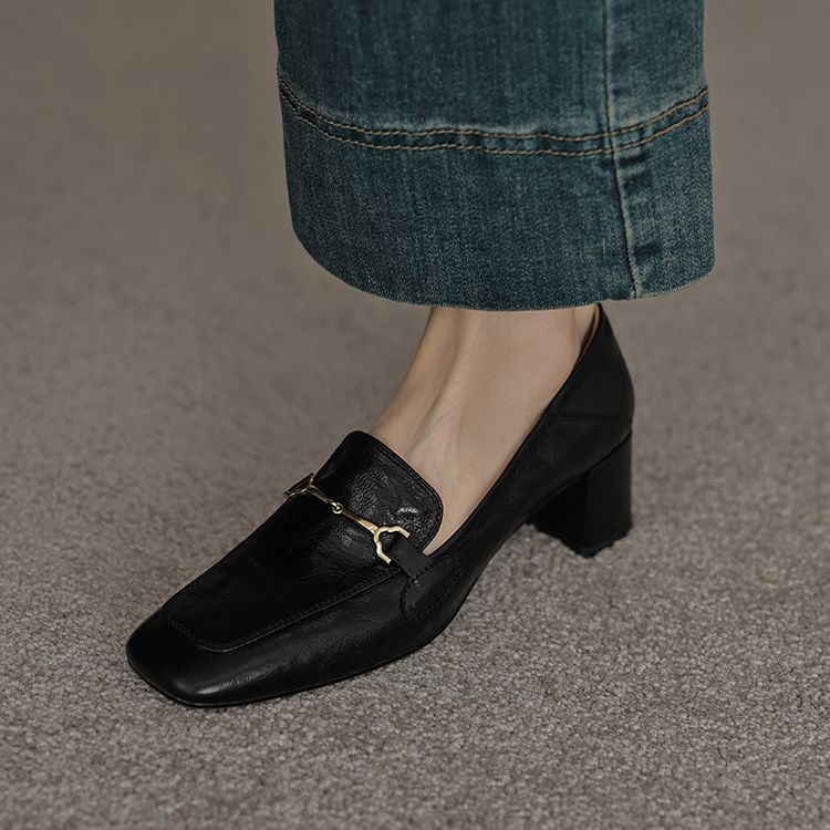 Vintage French Metal Buckle Loafers for Women - Versatile Square-Toe Chunky Heel Shoes Vintage French Metal Buckle Loafers for Women - Versatile Square-Toe Chunky Heel Shoes