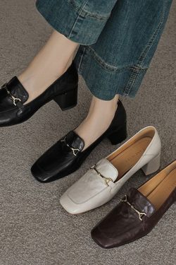 Vintage French Metal Buckle Loafers for Women - Versatile Square-Toe Chunky Heel Shoes