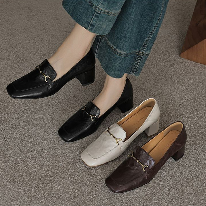 Vintage French Metal Buckle Loafers for Women - Versatile Square-Toe Chunky Heel Shoes Vintage French Metal Buckle Loafers for Women - Versatile Square-Toe Chunky Heel Shoes